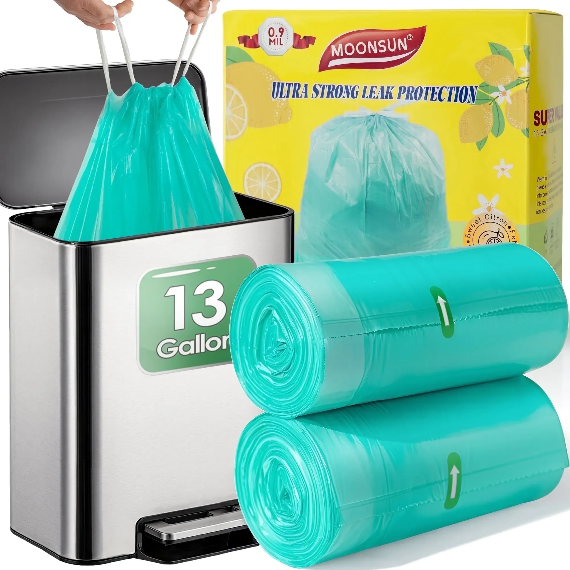 13 Gallon Drawstring Trash Bags, 90 Count Clean Fresh Scent 0.9 Mil Thick Strong Tall Kitchen Can (3-Pack)